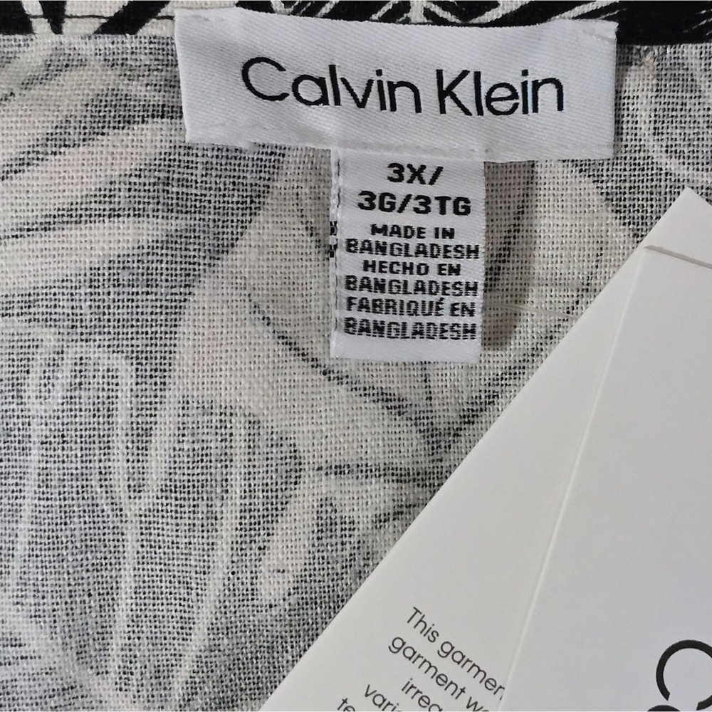Calvin Klein Black White Tropical Palm Linen Blend Button Blouse Top Shirt 3X - Picture 10 of 11